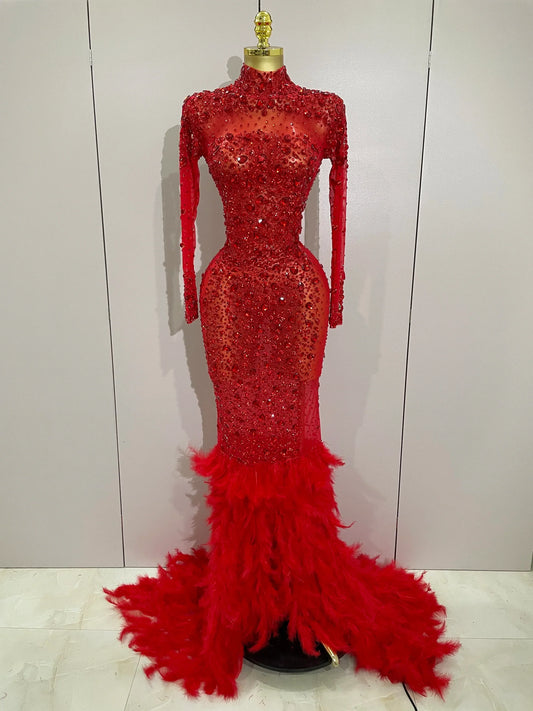 Sparkling Red Crystals Feathers Long Sleeve Mermaid Maxi Dress Women Wedding Celebrate Luxury Birthday Party Prom Gown Red