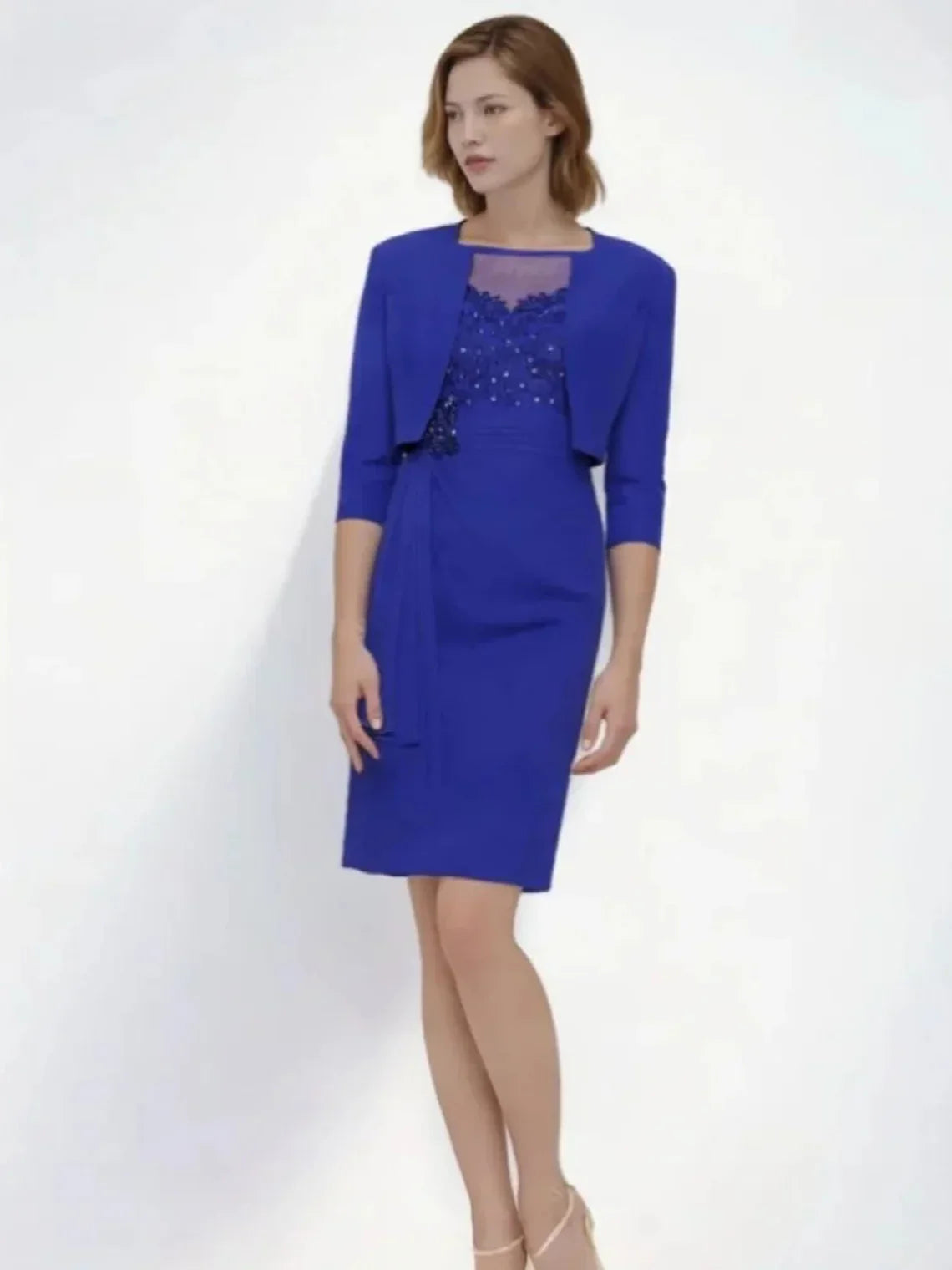 Mother Of The Bride Dress - Elegant Sheath Formal Gown Chiffon Half Sleeve Bateau Neckline Knee-Length Jacket Pleated Beading Prom Gown 2025 Free Customized