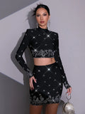 Modphy Black Yellow Rhinestone Bandage Two-Piece Set Women Long Sleeve Sexy Short Tops Bodycon Skirt Mini Sets Fashion Outfit