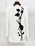 2024 Women Sequined Bead Flower Elegant Dress O-Neck Long Sleeved Bodycon Mini White Dress Celebrity Cocktail Party Vestidos