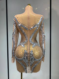 Women Sparkly Rhinestones Sexy Mesh Transparent Mini Dress Eveing Birthday Party Dance Nightclub Festival Show Stage Costumes