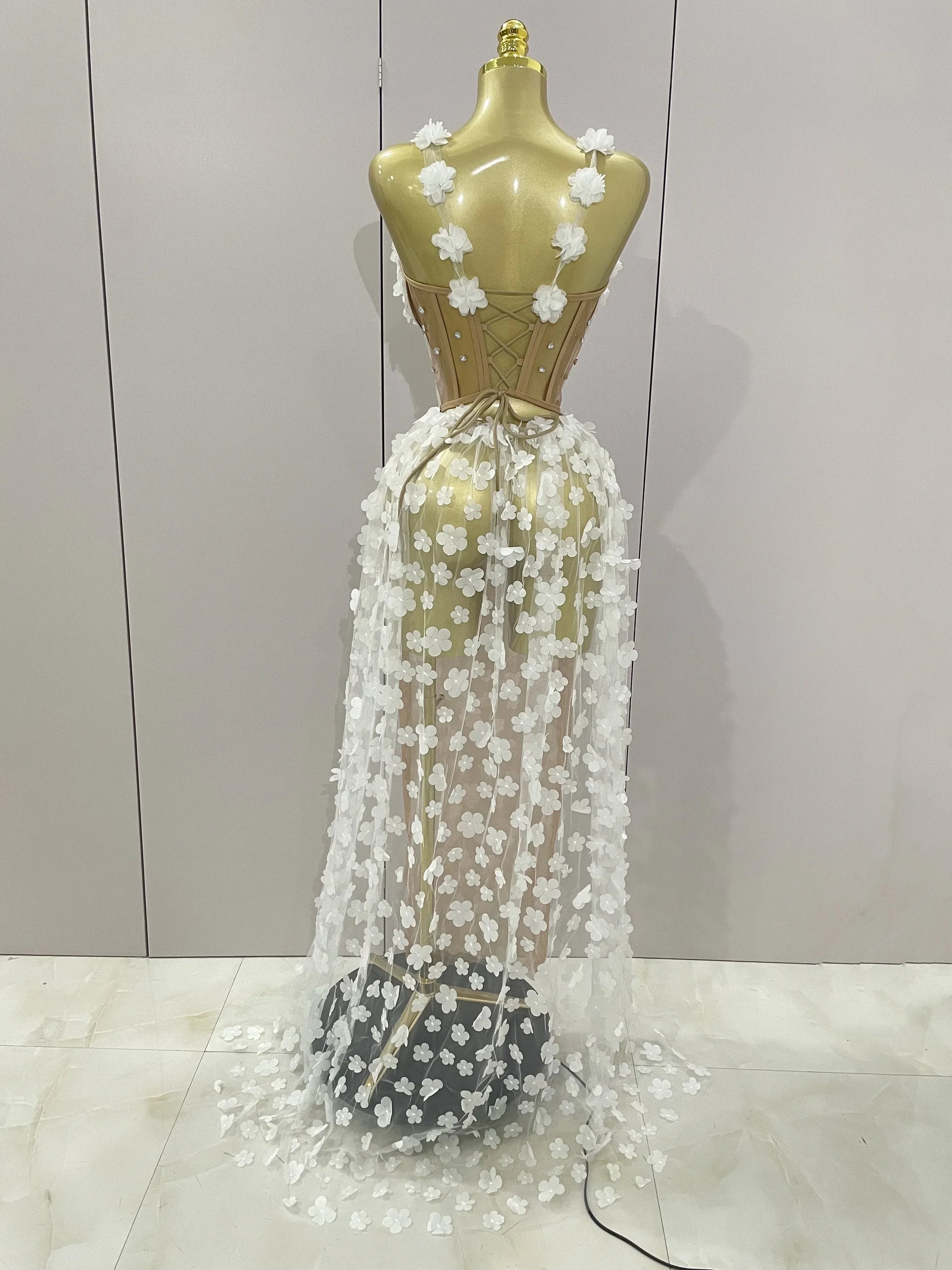 Sexy Mesh See Through Flowers Backless Long Dress Women Elegant Party Wedding Celebrate Evening Gown Prom Hotwife Outfit