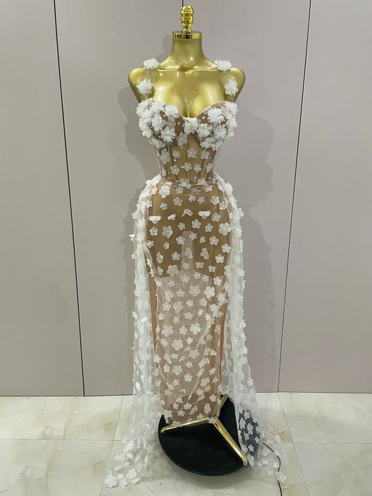 Sexy Mesh See Through Flowers Backless Long Dress Women Elegant Party Wedding Celebrate Evening Gown Prom Hotwife Outfit WHITE