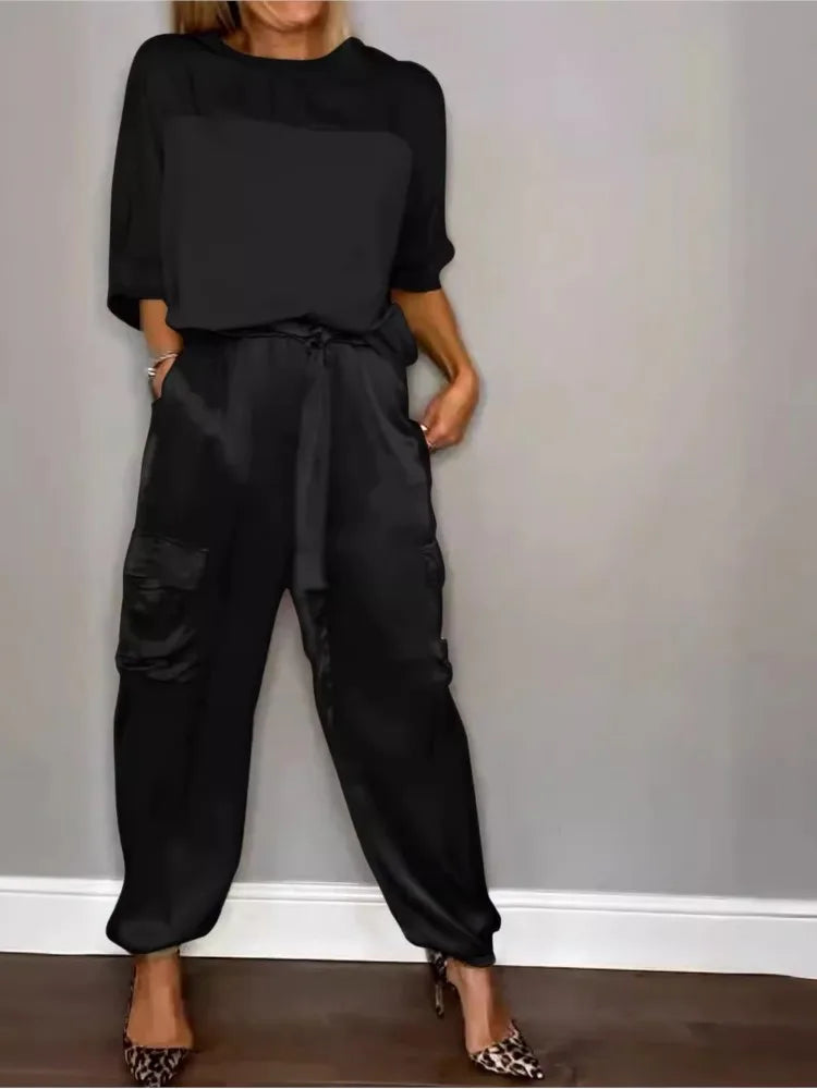 2024 Spring Women's New Fashionable Smooth Satin Half Sleeve Top With Strap Pants Pocket Set Half Sleeve Pants Two Piece Set