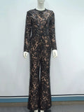 Women'S Light Luxury Sequin Patchwork Bandage Jumpsuit O-Neck Long Sleeved Waistband Flared Jumpsuit Pants Party Jumpsuit black