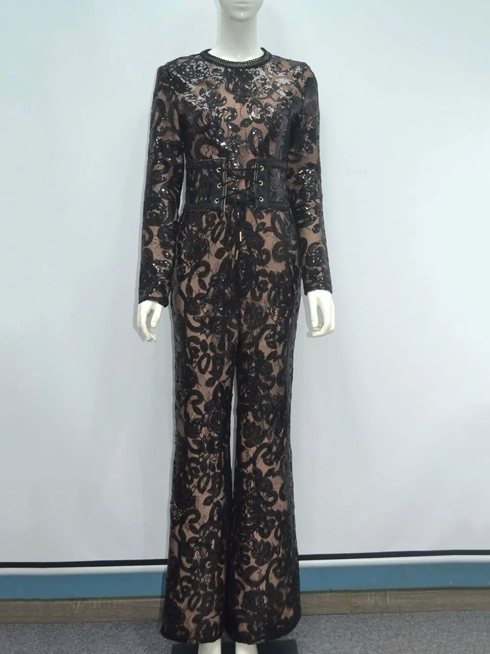 Women'S Light Luxury Sequin Patchwork Bandage Jumpsuit O-Neck Long Sleeved Waistband Flared Jumpsuit Pants Party Jumpsuit black