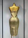 Women Sexy Gold Strapless Bodycon Bandage Dress Fashion Celebrate Evening Party Luxury Birthday Wedding Guest Dress