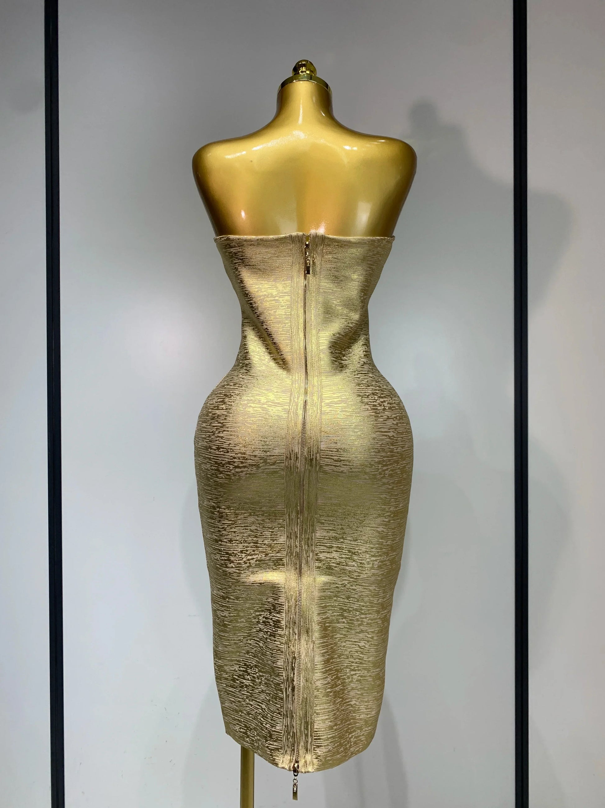 Women Sexy Gold Strapless Bodycon Bandage Dress Fashion Celebrate Evening Party Luxury Birthday Wedding Guest Dress
