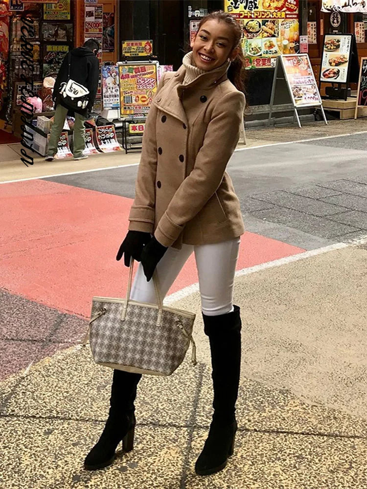 Women's Winter Coat Stand Collar Double Breasted Woolen Coats Autumn 2025 Female Waist Cinching Bomber Jacket New Lady Outerwear