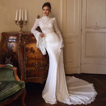 Elegant Lace Wedding Dress 2026 High-neck Long Sleeves Buttons Back Sweep Train Bridal Bride Gown Classic vestidos de novia