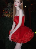 Modphy 2025 Red Strapless Ball Gown Women Velvet Mini Dresses Sexy Sheath Short Guest Birthday Party Wedding Gowns