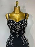 Women Sexy V Neck Black Beading Maxi Long Bodycon Bandage Dress Celebrity Elegant Evening Club Party Luxury Birthday Dress
