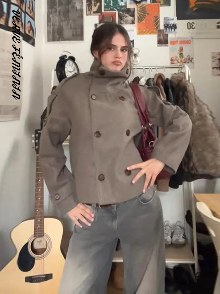 Women's Bomber Jacket Winter Stand Collar Double Breasted Woolen Overcoat Autumn 2025 Epaulet Pocket Coats Chic Ladies Outerwear