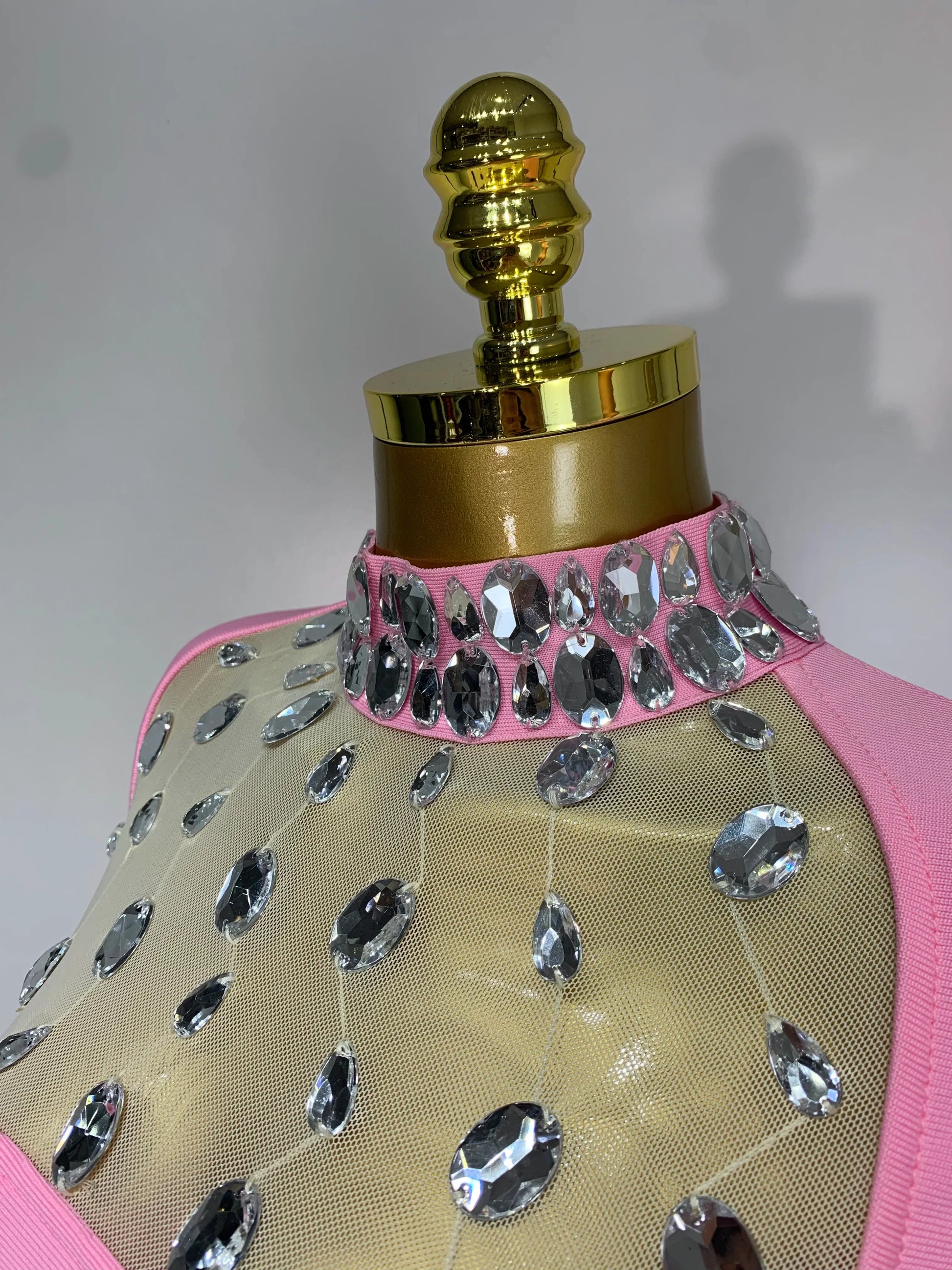 New Arrival Luxury Birthday Dresses Diamond Long Sleeve Pink Bodycon Bandage Dress Women Wedding Evening Prom Gowns