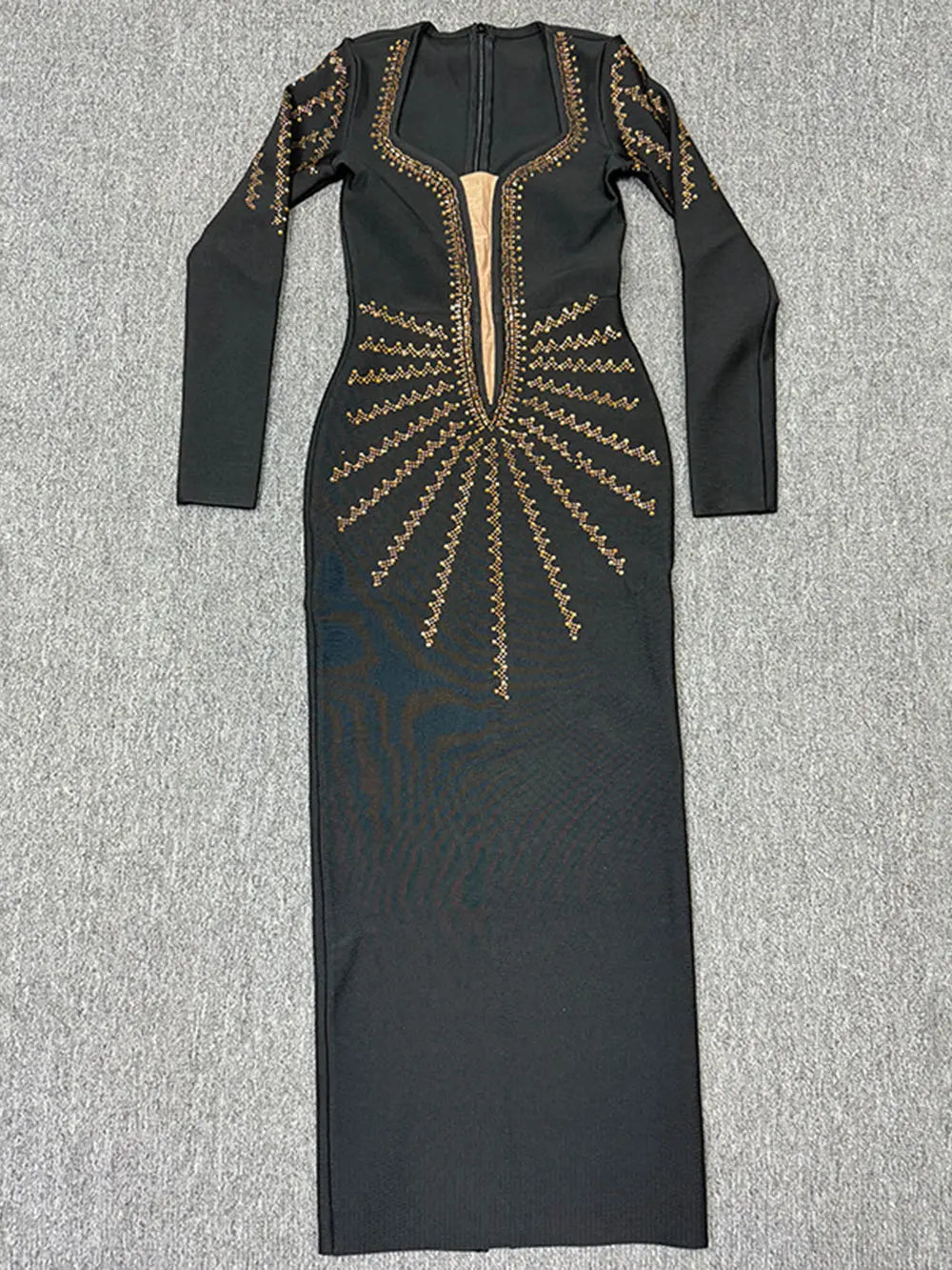 2024 Elegant Women's Light Luxury Hot Diamond Bandage Dress V-neck Long Sleeve Bodycon Long Dress Cocktail Evening Party Vestido black