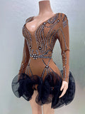 STOCK Women Long Sleeve Sexy Mesh Bodycon Ball Gown Mini Dress Bar Singer Nightclub Party Celebrate Performance Costume Wear