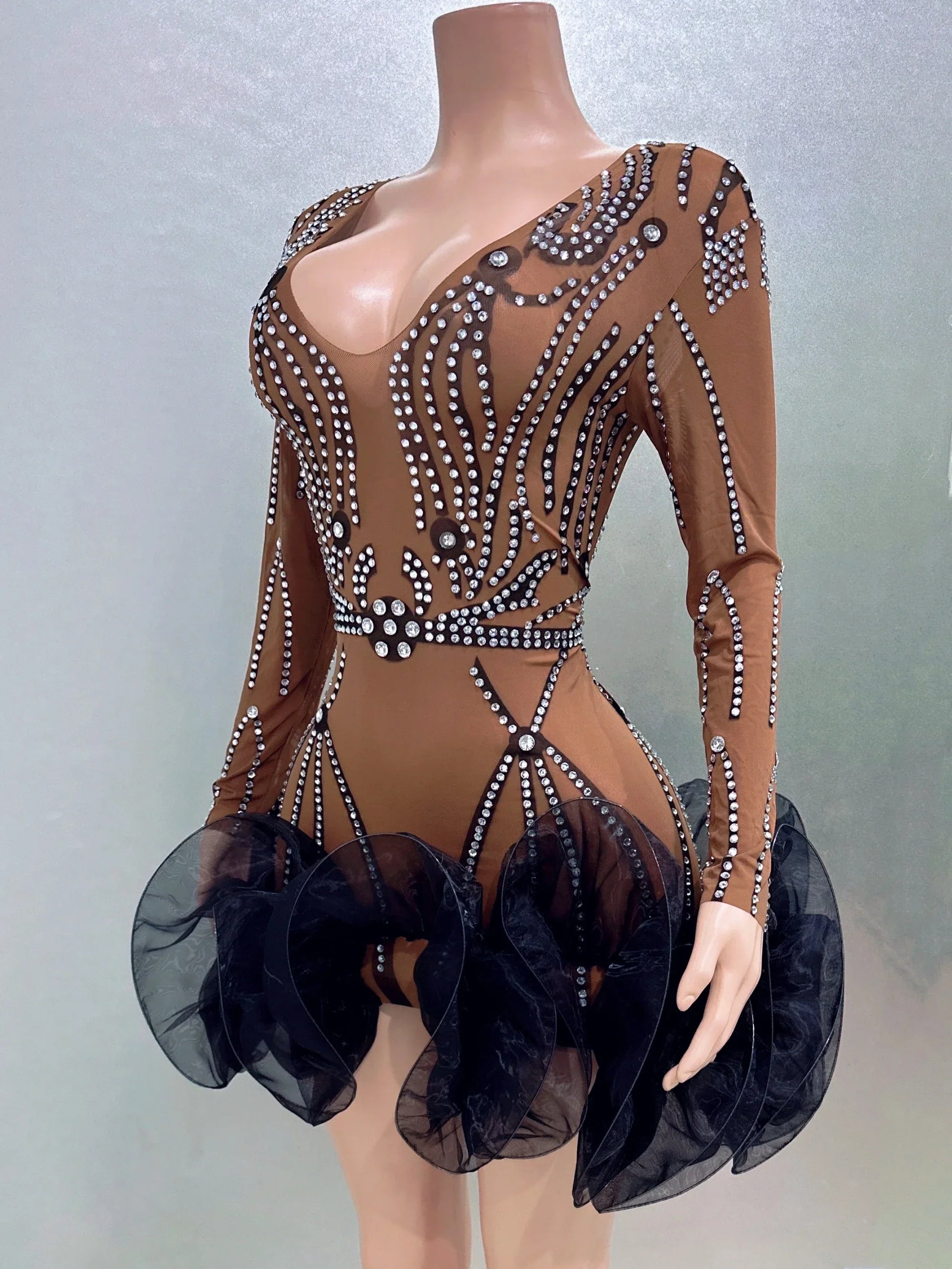 STOCK Women Long Sleeve Sexy Mesh Bodycon Ball Gown Mini Dress Bar Singer Nightclub Party Celebrate Performance Costume Wear