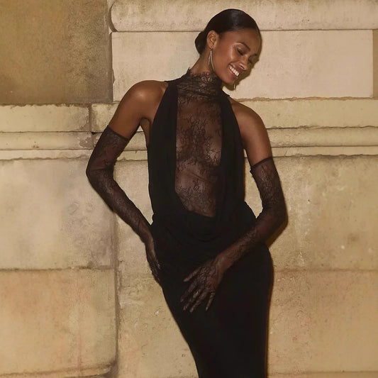 High Quality Women Black Color Women Sleeveless Off the Shoulder Lace Bodycon Long Dress Celebrate Evening Party Bar Club Wear