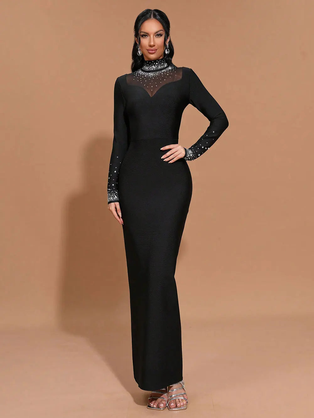 2025 Women's Light Luxury Hot Diamond Bandage Dress High Collar Long Sleeve Patchwork Bodycon Long Dress Evening Party Vestidos black