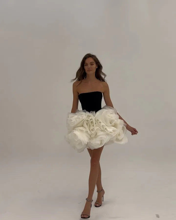 New Summer Women Sexy Strapless Ball Gown Mini Cute Dress Big Florals Celebrate Birthday Party Photo Shoot Outfit