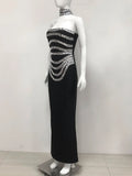 Spring Women Light Luxury Bead Design Bandage Dress+Neck Set Strapless Sleeveless Bodycon Backless Long Dress Party Vestido