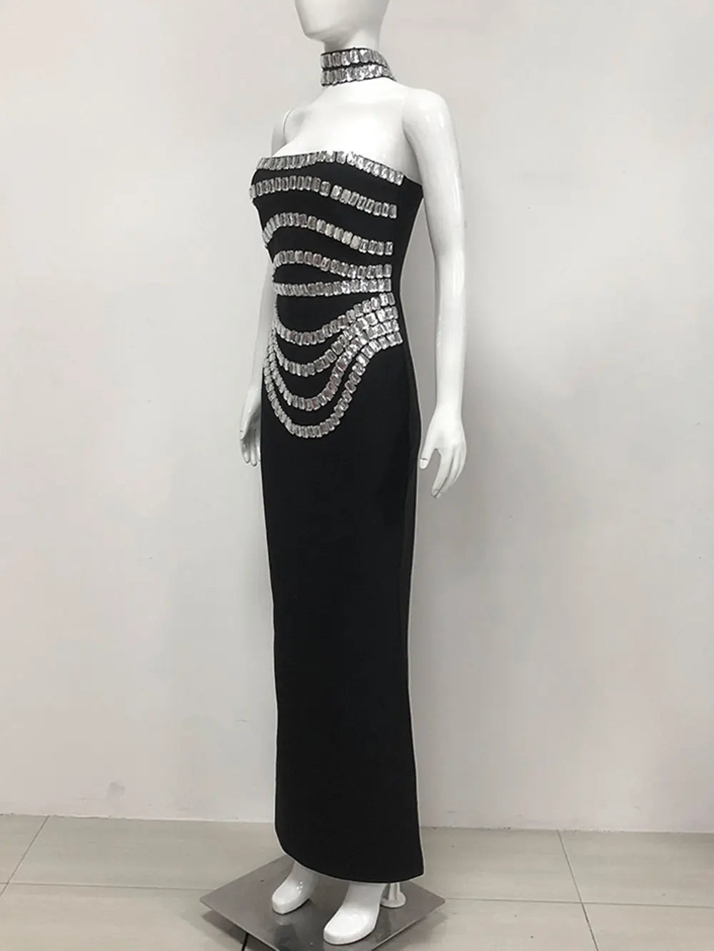 Spring Women Light Luxury Bead Design Bandage Dress+Neck Set Strapless Sleeveless Bodycon Backless Long Dress Party Vestido