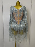 Flashing Sequins Tassels Sexy See-Through Sheath Bodysuit Evening Party Nightclub Dancer Stage Perfprmance Costume
