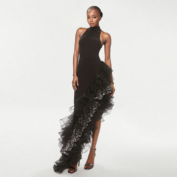 High Quality Women Sexy Off the Shoulder Bodycon Long Bandage Ruffles Dress Celebrate Evening Party Birthday Outfit black