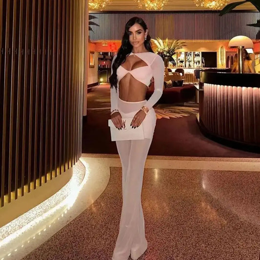 Spring Mesh See Through Women Set Sexy Hollow Out Short Top And Flare Pants 2 Pieces High Stree Wear Evening Party Vestido