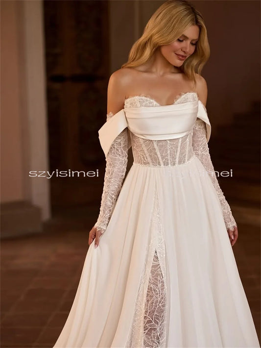 Stunning Strapless Neckline Satin Wedding Gown With Lace Customized A-Line Back Zipper Bridal Dress For Wedding robe de mariée