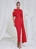2024 Chic and Elegant Women's Red Dress O-neck Single Shoulder Oversized Trumpet Sleeve Bodycon Long Dress Evening Party Vestido