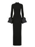 2024 Elegant Women's Black Maxi Dress Stand up Neck Flare Sleeves Bodycon Bandage Long Dresses Cocktail Evening Party Vestidos