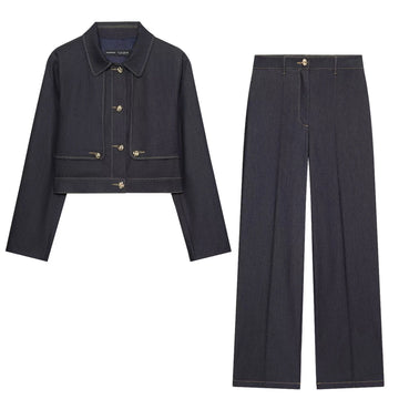 Collar long sleeved contrasting stitching short jacket, high waisted straight leg ribbed casual pants set