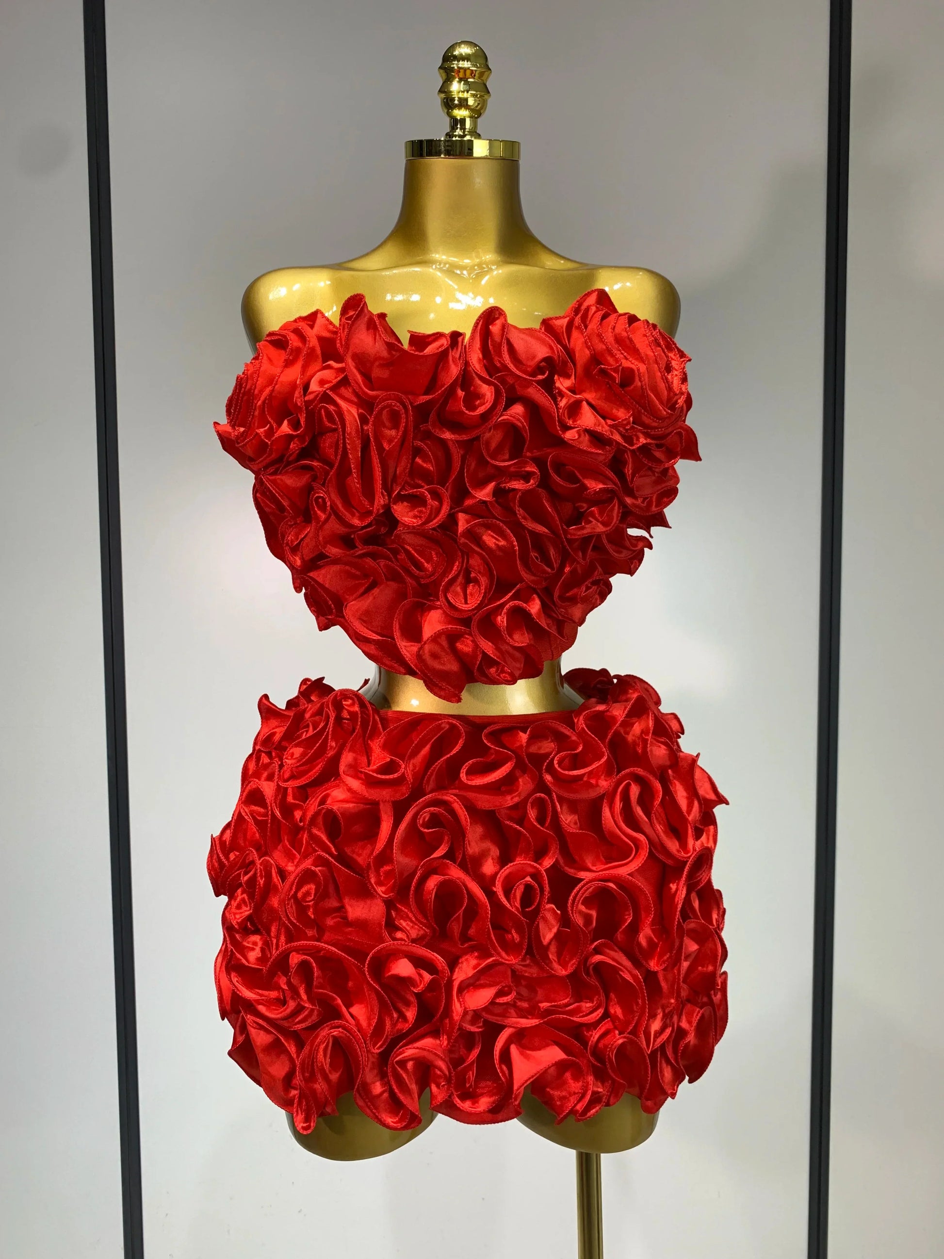 Women Sexy Strapless Red flower Top With Mini Skirt Bodycon Bandage Suit Celebrity Party Cocktail Birthday Two Pieces Set Red