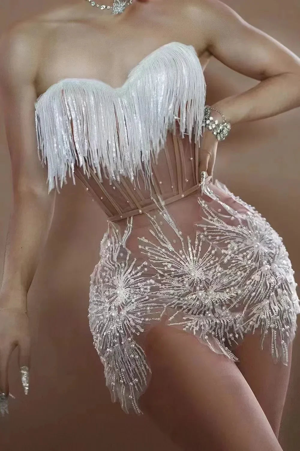 STOCK Women Sexy Off the Shoulder Shinning Sequins Tassels Bodycon Mini Dress 2 Pieces Celebrate Nightclub Performance Costume Ivory