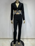 2024 Women Bandage Long Pants Set With Lapel Long Sleeved Nail Bead Design Backless Sexy Ultra Short Jacket+Pants Two-Piece Set black