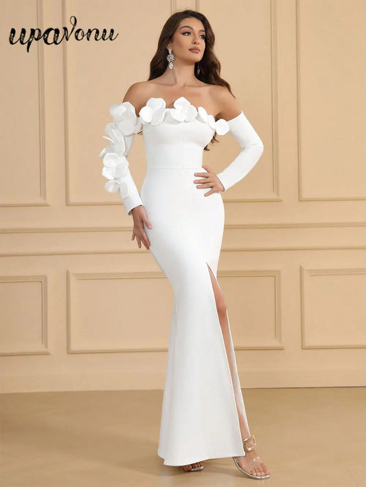 Spring Sexy Women's 3D Flower Bandage Dress with One Collar Long Sleeve Bodycon Bareback Long Split Dresses Party Vestidos