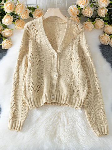 Deep V Hollow Out Crochet Knitted Cardigan Women Charming See Through Long Sleeve Single Breasted Tops Fashion Ladies Streetwear