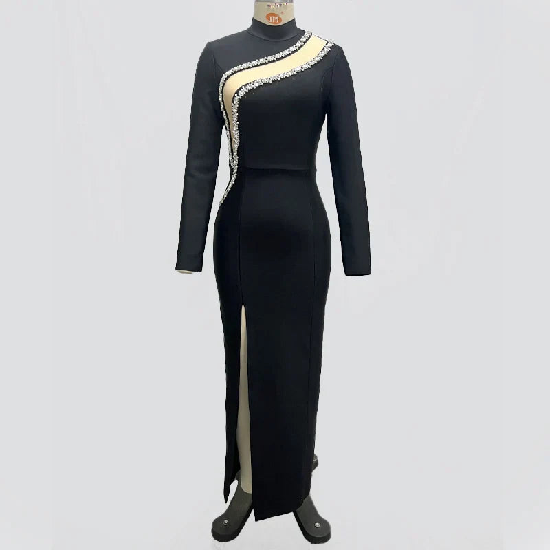 Black Color Top Quality Women Long Sleeve Shinning Crystal Bodycon Bandage Long Dress Fashion Evening Party Celebrate Dress