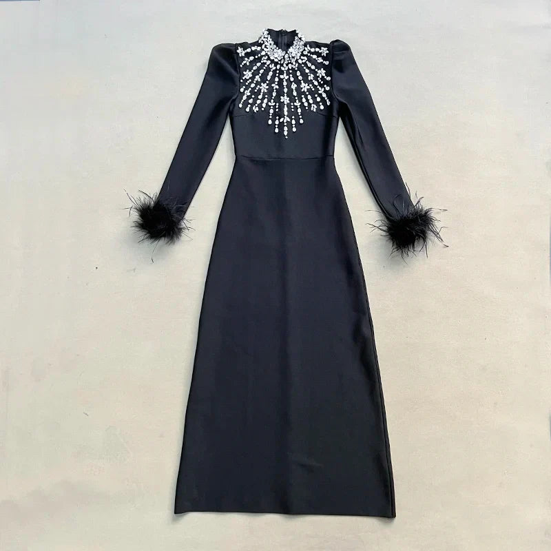 Black Red Color Women Long Sleeve Shinning Crystals Long Maxi Dress Celebrate Elegant Evening Party Outfit Vestido black