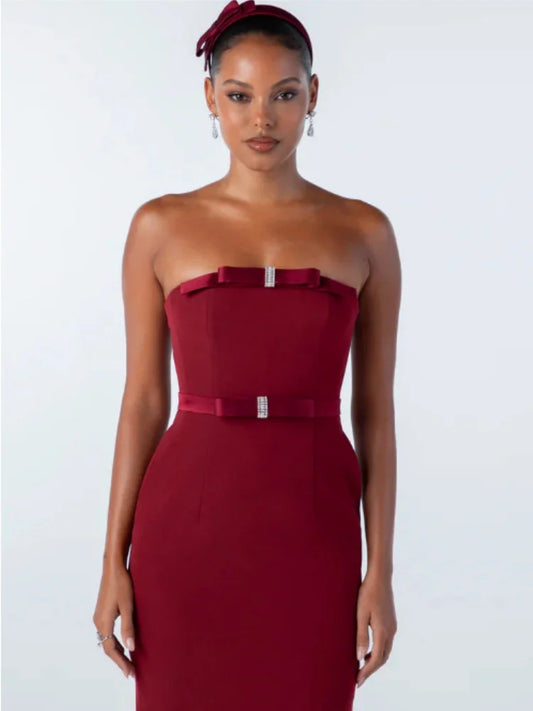 New Arrival Women Sexy Strapless Bow Bodycon Mid-calf Dress Celebrate Birthday Party Date Cocktail Outfit High Quality