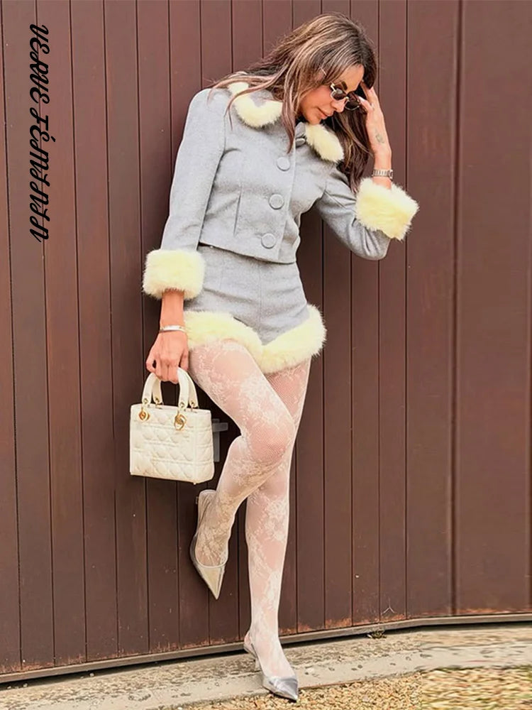 Women's 2 Pcs Suits Faux Fur Spliced Jacket Shorts Sets Autumn 2025 Female Lapel Bomber Coats High Waist Short Pants Chic Outfit