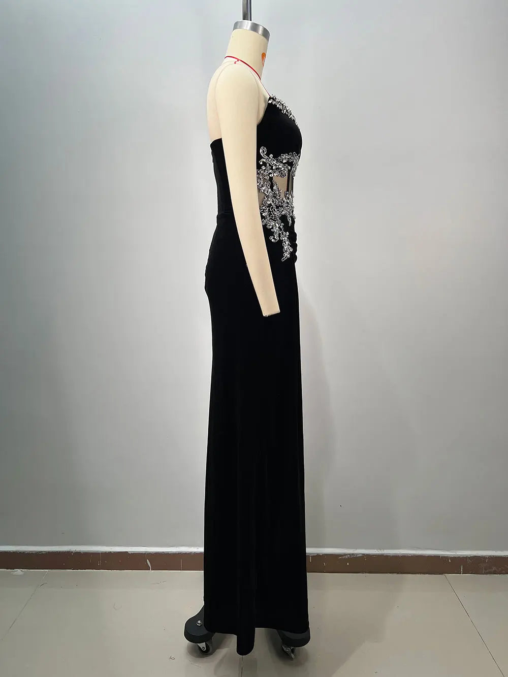 2025 Women Light Luxury Nail Bead Maxi Dress Strapless Sleeveless Slimming Patchwork Split Body Long Dress Evening Party Vestido