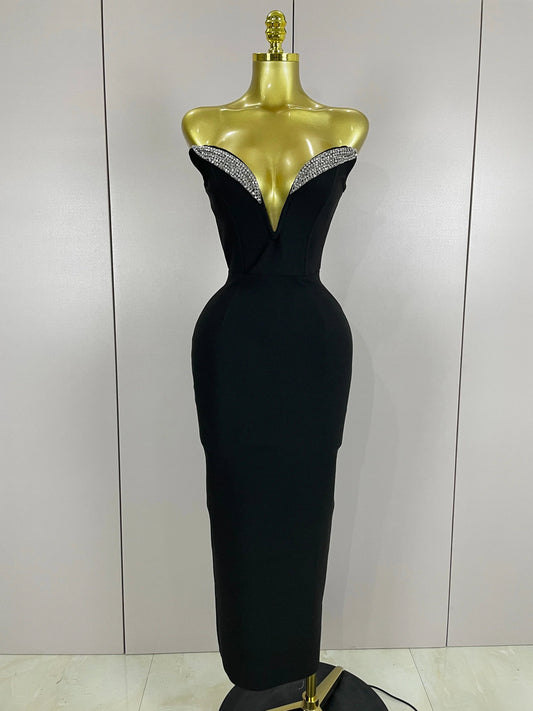 Women Sexy Strapless Sparkly Rhinestones Bodycon Bandage Long Dress Fashion Celebrate Evening Party Luxury Birthday Dresses black
