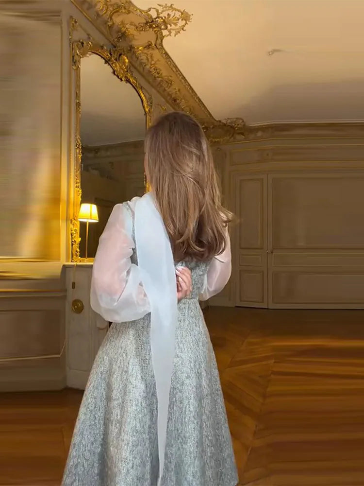 Women's 2 Pcs Suits Lapel Button Coat Long Dress Sets Elegant Female Waist Cinching Jacket Sleeveless Slip Long Dresses New Sets