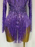 Women Sexy Purple Red Stretchy Long Sleeve Bodysuit Nightclub Singer Dancer Tassel Stage Costume Evening Party Birthday Outfit
