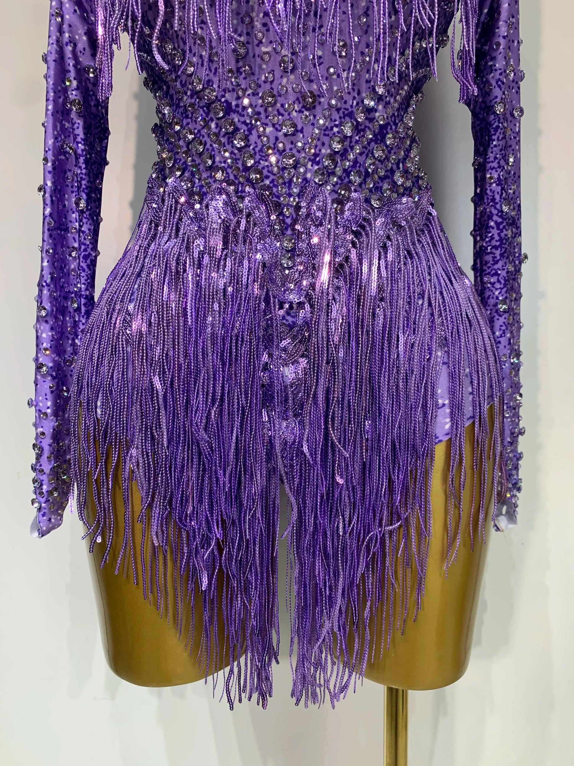 Women Sexy Purple Red Stretchy Long Sleeve Bodysuit Nightclub Singer Dancer Tassel Stage Costume Evening Party Birthday Outfit