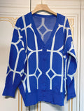 Women's Casual Oversized Cardigan Knitted 2023 Fall V-neck Lantern Long Sleeve Single-breasted Printed Knit