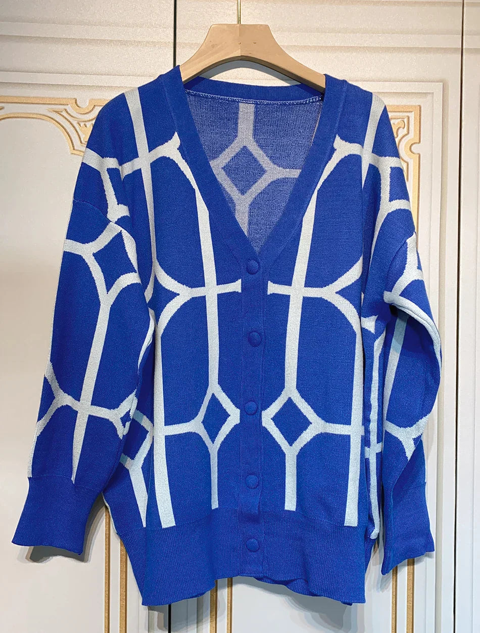 Women's Casual Oversized Cardigan Knitted 2023 Fall V-neck Lantern Long Sleeve Single-breasted Printed Knit