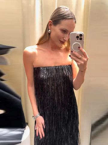 Women's Evening Dresses Sequined Tassels Strapless Midi Dress Glitter Female Sleeveless Backless Partywear New Ladies Beachwear